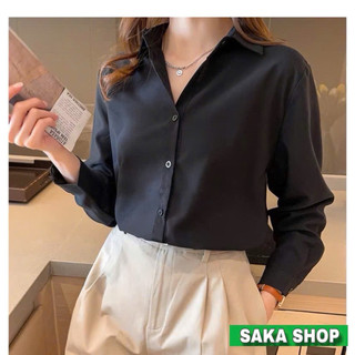 Áo sơ mi nữ đen tay dài dáng rộng công sở