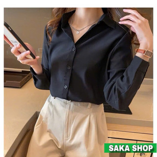 Áo sơ mi nữ đen tay dài dáng rộng công sở