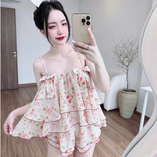 Đồ ngủ 2 dây đính nơ họa tiết hoa 2 tầng xinh xắn (DB191)