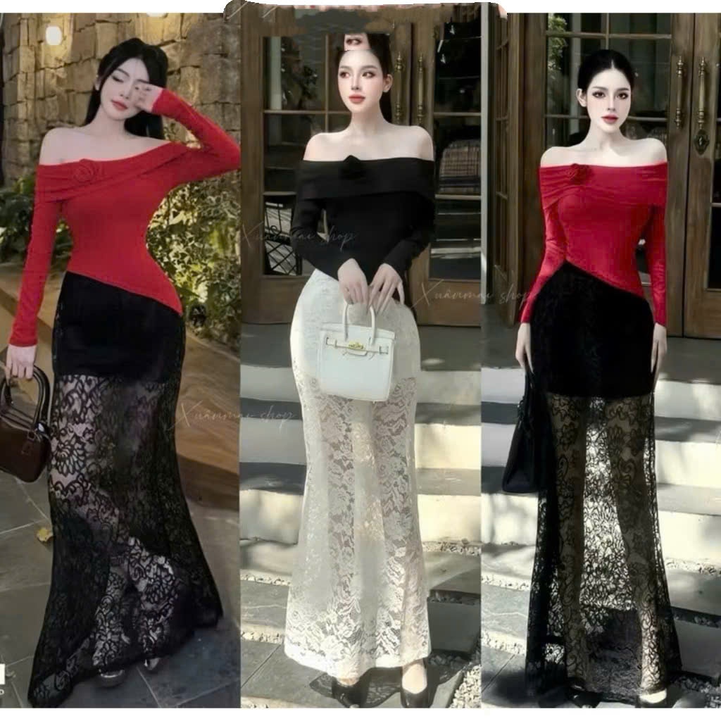 Chân Váy Ren Thun Đuôi Cá Dáng Dài  dệt kim hoa nổi loại xịn co giãn có size (sẵn sỉ_lẻ)