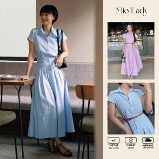 Váy Sơ Mi Cotton Kẻ Sọc Miolady Dáng Dài Xếp Ly Kèm Đai – Thoáng Mát Đi Làm Đi Chơi VA005
