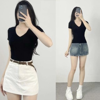 Áo thun cổ tim nữ – Dáng ôm body chiết eo tôn dáng, chất gân tăm lạnh co giãn 4 chiều