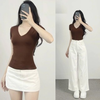 Áo thun cổ tim nữ – Dáng ôm body chiết eo tôn dáng, chất gân tăm lạnh co giãn 4 chiều