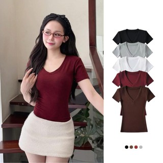 Áo thun cổ tim nữ – Dáng ôm body chiết eo tôn dáng, chất gân tăm lạnh co giãn 4 chiều