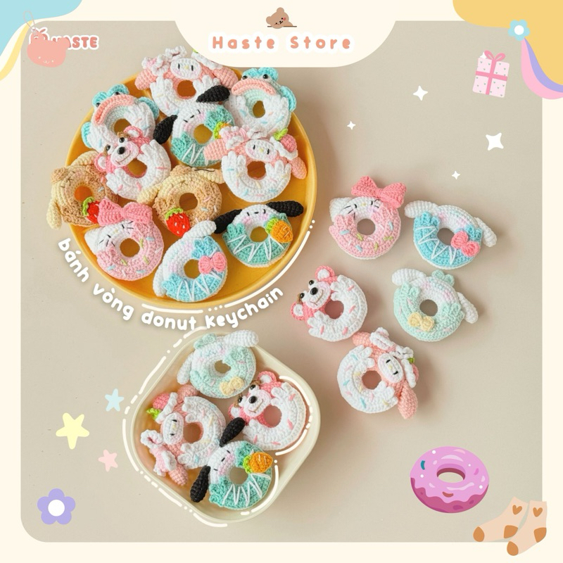Móc Khoá Len Bánh Donut Hoạt Hình Melody Purin Pompom Hello Kitty Bánh Vòng Dễ Thương Handmade