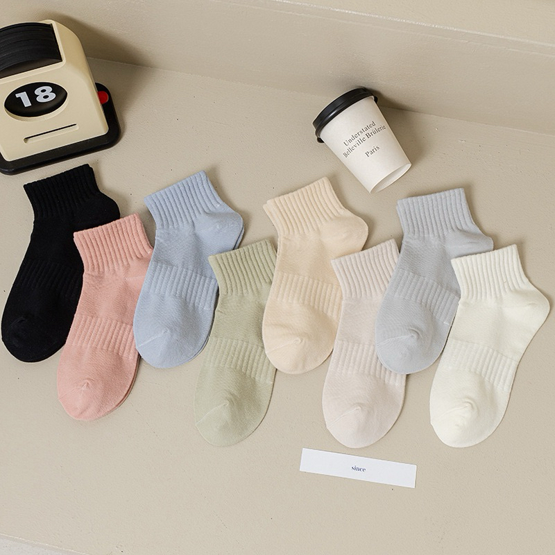 Tất Vớ Cổ Trung Lửng Màu Trơn Pastel Rằn To Dày Cotton Co Giãn Phong Cách Hàn Quốc