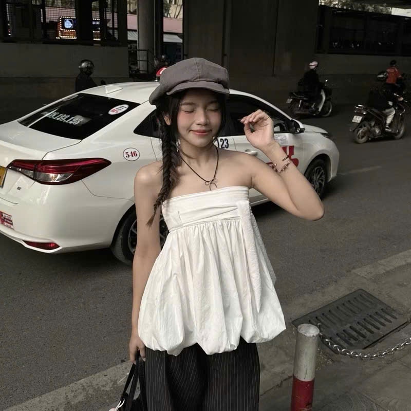 Áo Cúp Ngực Dáng Quây Phồng Thắt Nơ Chun Lưng Tôn Dáng Joolate Áo Quây Sexy Đi Biển Mùa Hè