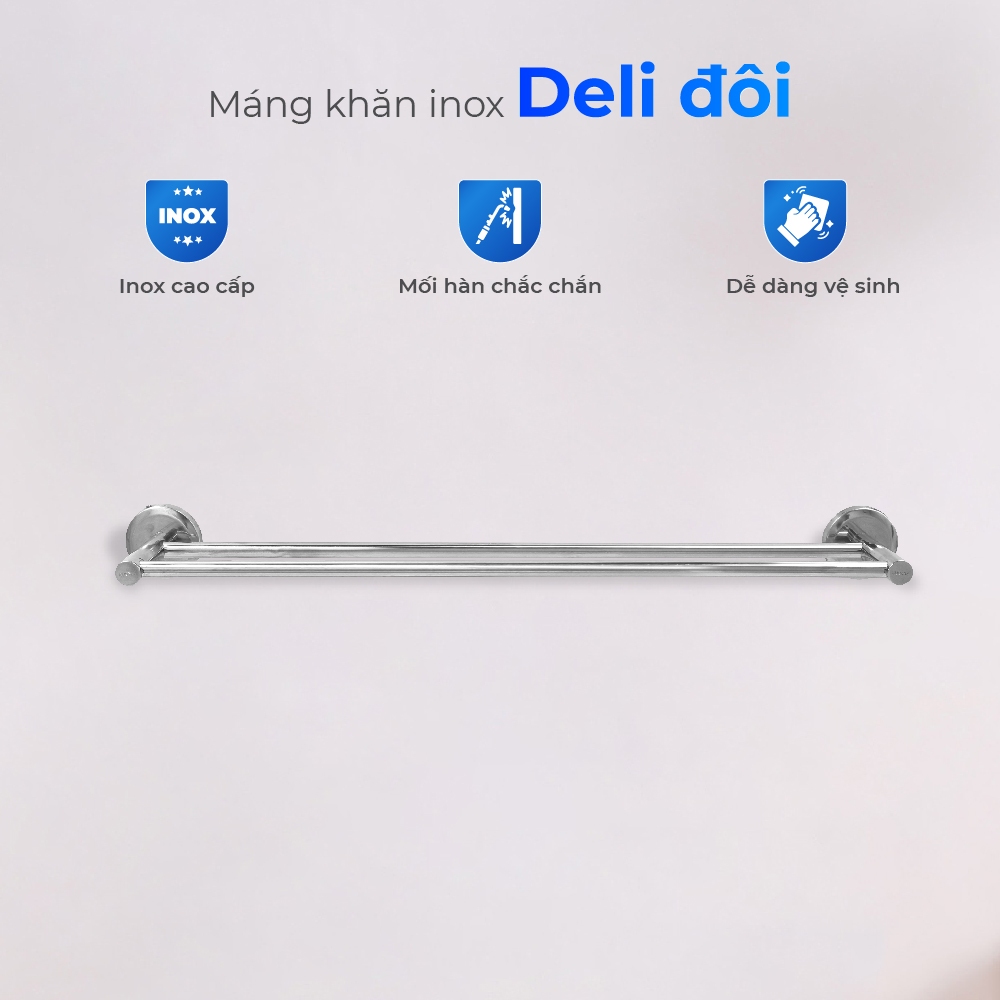 Thanh treo khăn nhà tắm Deli đôi QUI PHÚC, inox 304 không gỉ, sáng bóng, đa dạng kích thước