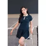 Bộ đồ Pickleball, cầu lông, tennis nữ Fitme CÉ áo thun Polo Navy cổ be, chân váy xếp ly Navy kèm quần bảo hộ VTNN01 — ảnh 3