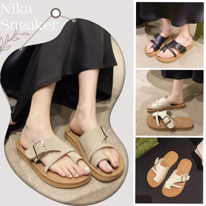 Dép Lê Xỏ Ngón Nữ Nửa Quai Dây Ngang Đế Bệt Cao 2cm Đen Kem Trắng || Dép Xỏ Ngón Khuy Vuông Mã N24
