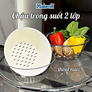 Chậu Trong Suốt 2 Lớp Thoát Nước MAISON, Rổ Rửa Rau Thiết Kế 2 Lớp, Chậu Nhựa Rửa Mặt Trong Suốt