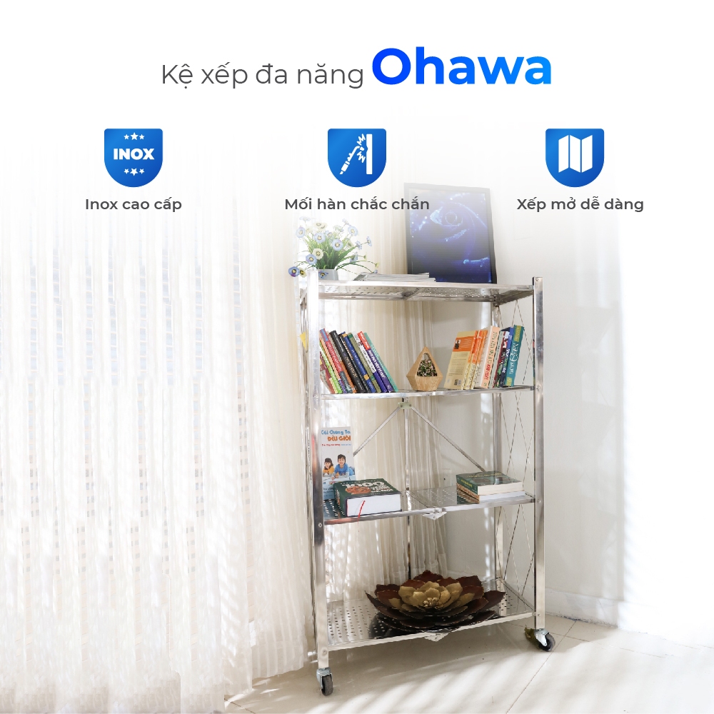 Kệ inox đa năng gấp gọn Ohawa 4 tầng QUI PHÚC, inox sáng bóng, tiện lợi, chân có bánh xe di chuyển