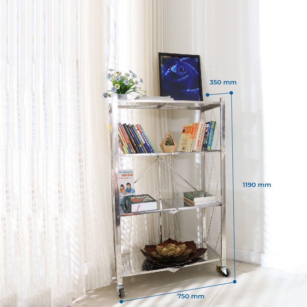 Kệ inox đa năng gấp gọn Ohawa 4 tầng QUI PHÚC, inox sáng bóng, tiện lợi, chân có bánh xe di chuyển