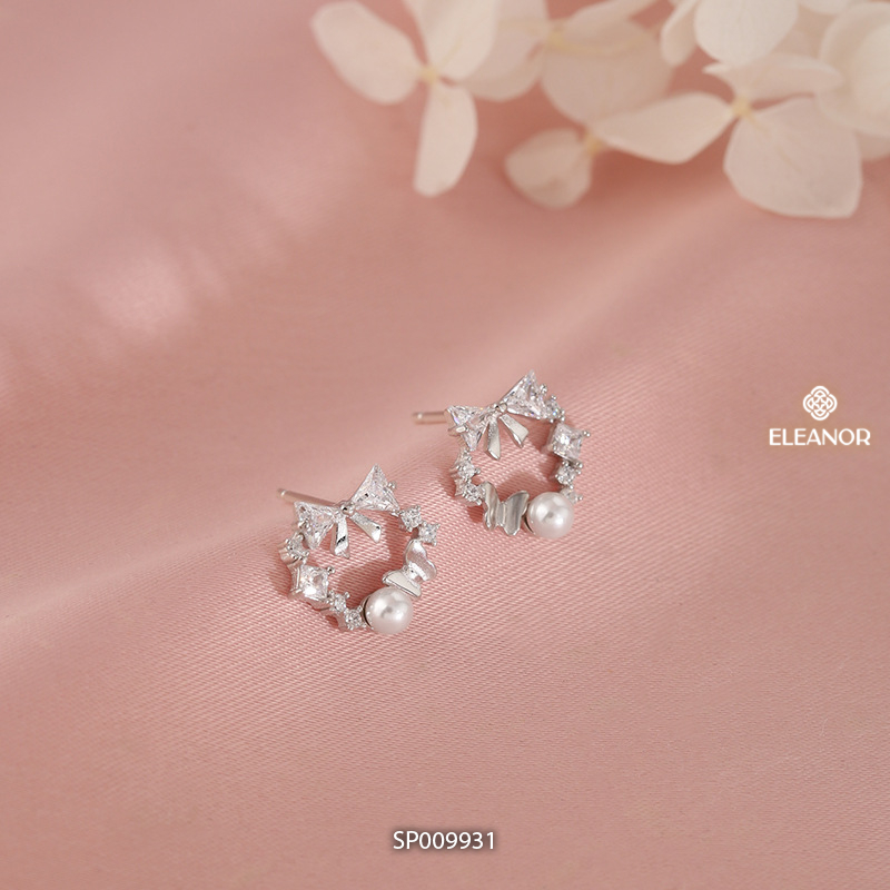 Bông tai nữ chuôi bạc 925 Eleanor Accessories vòng nơ đính đá phụ kiện trang sức khuyên tai 9931