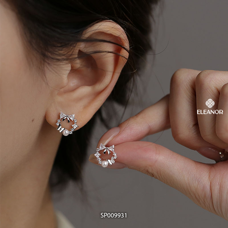 Bông tai nữ chuôi bạc 925 Eleanor Accessories vòng nơ đính đá phụ kiện trang sức khuyên tai 9931