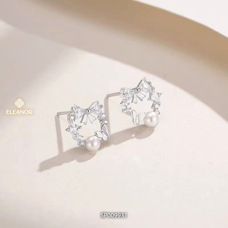 Bông tai nữ chuôi bạc 925 Eleanor Accessories vòng nơ đính đá phụ kiện trang sức khuyên tai 9931