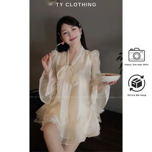 Set Voan Tơ Dây Thắt Bánh Bèo Kèm Quần Có Dây Kéo - Hàng Thiết Kế - Màu Kem/Màu Đỏ - TYCLOTHING