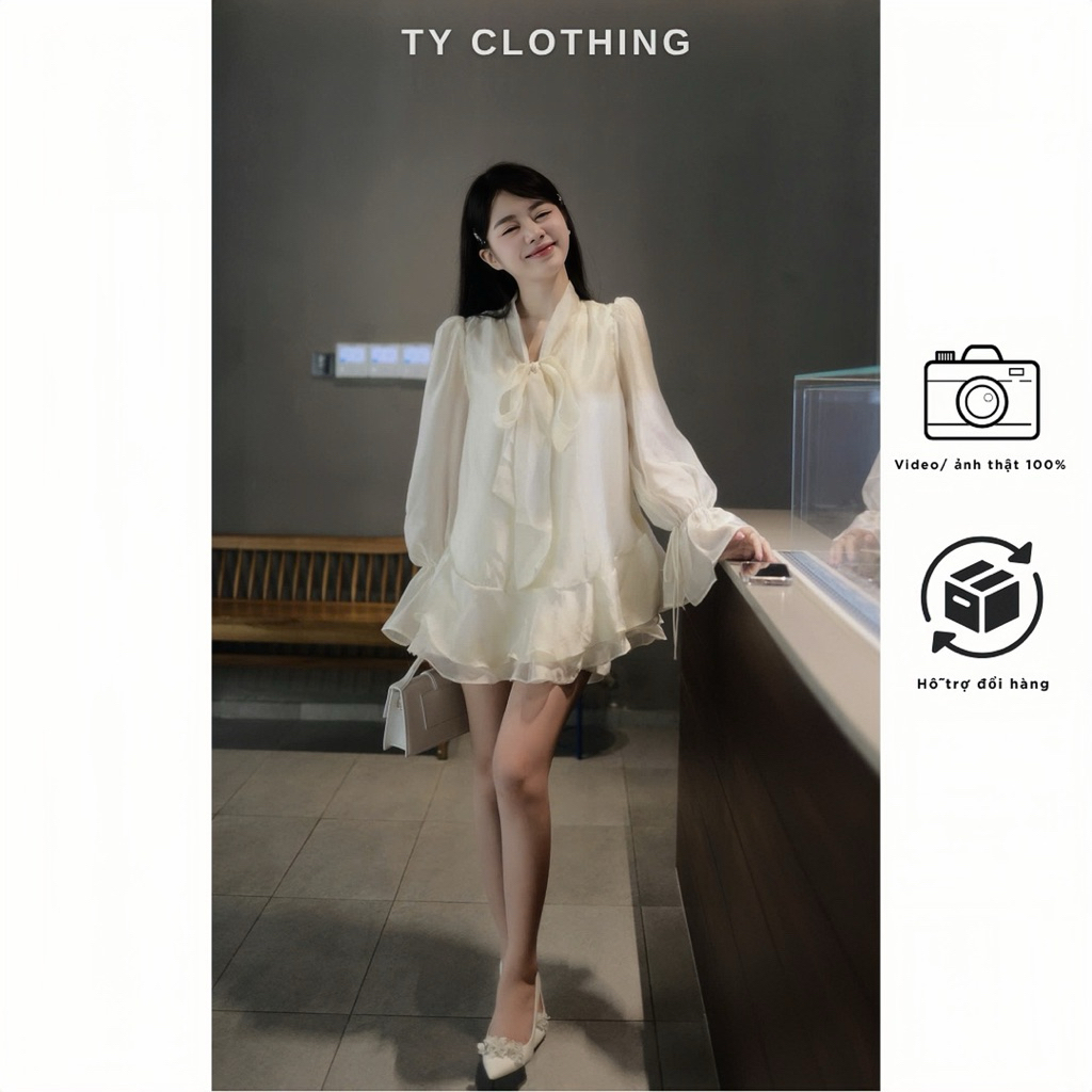 Set Voan Tơ Dây Thắt Bánh Bèo Kèm Quần Trong Có Dây Kéo - Hàng Thiết Kế - Màu Kem và Màu Đỏ - TYCLOTHING