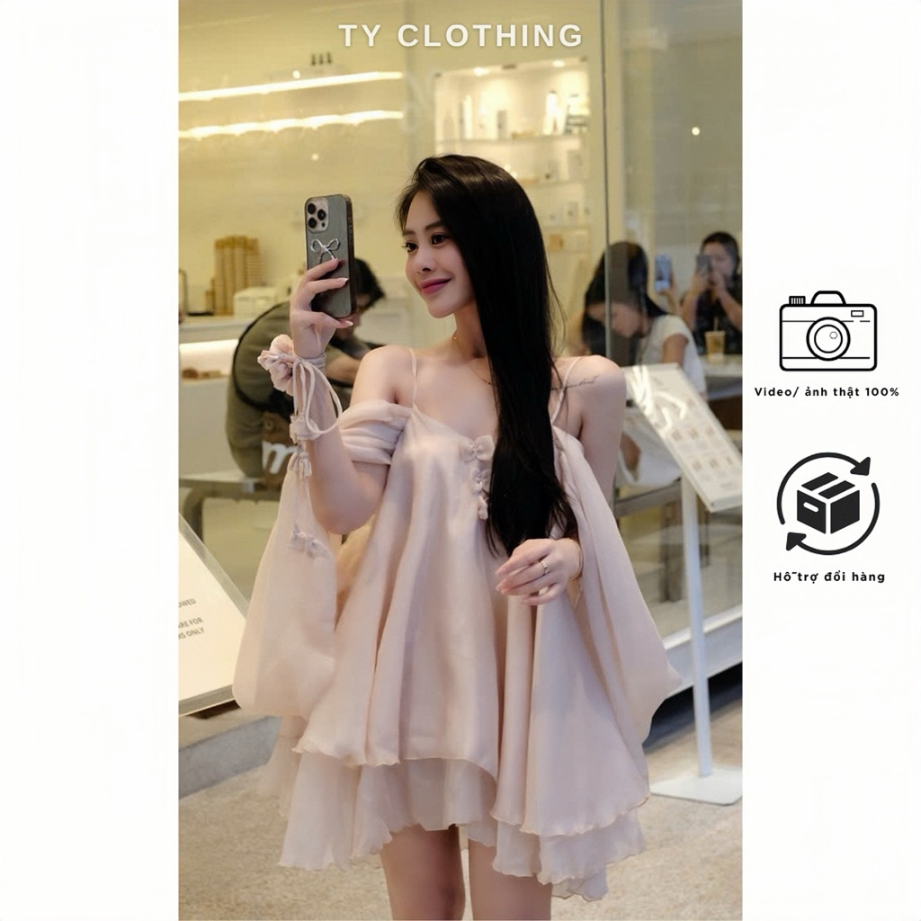 Set tơ dây hoa Hồng - Hàng thiết kế - màu Hồng Ánh Kim- TY CLOTHING