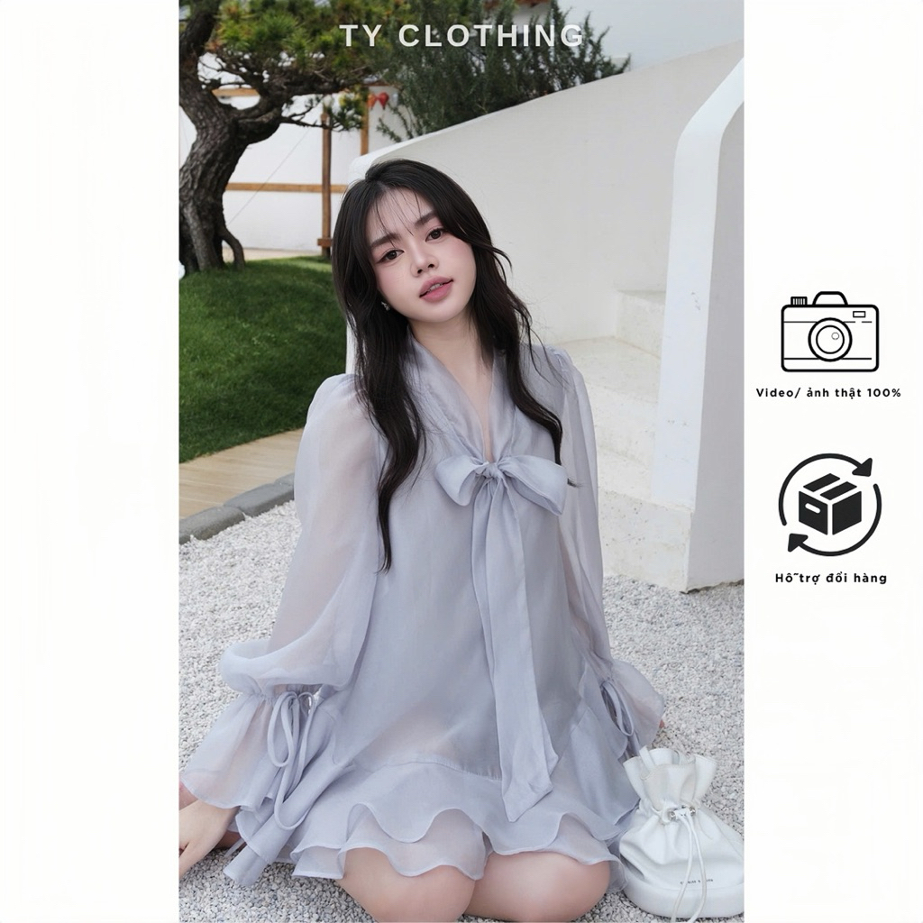 Set Voan Tơ Lụa - Hàng Thiết Kế - Màu Xanh Khói- TYCLOTHING