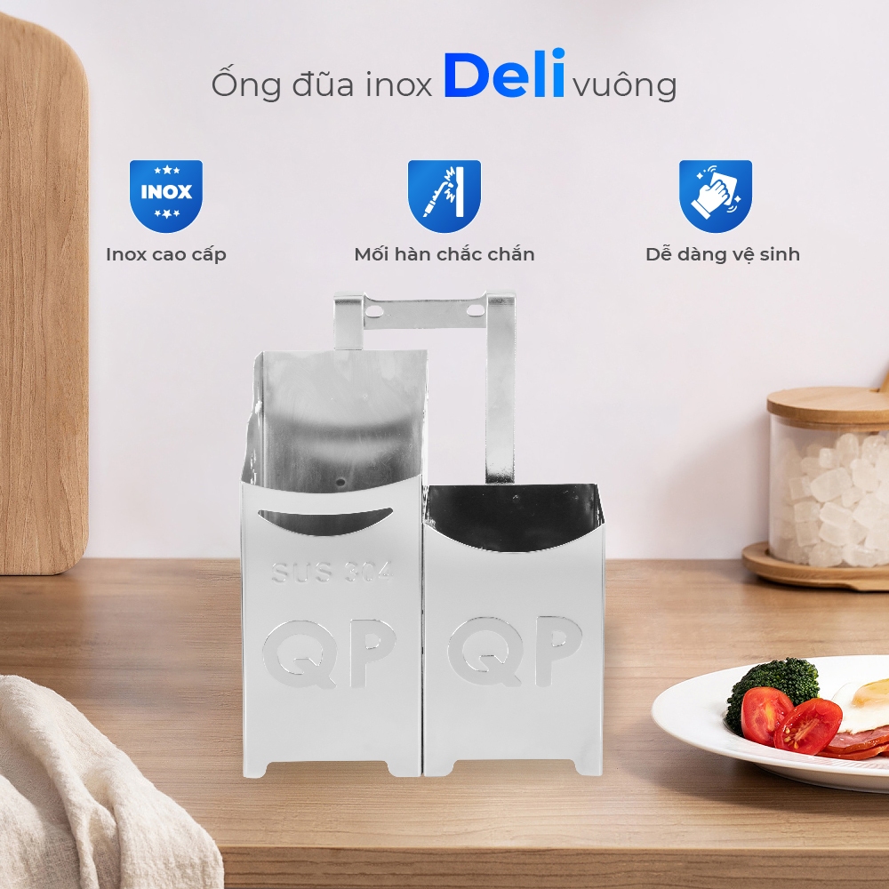 Ống đũa Deli Vuông QUI PHÚC, 2 ngăn, inox 304 không gỉ, sáng bóng, cao cấp, an toàn vệ sinh