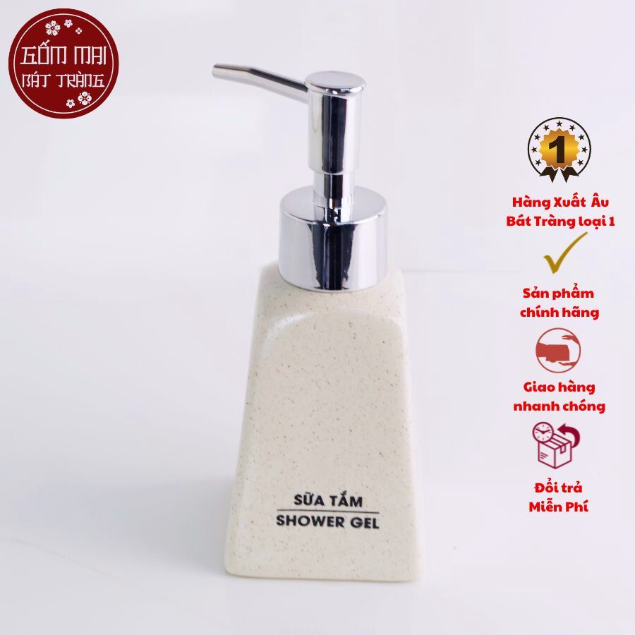 Bình Đựng Sữa Tắm, Dầu Gội, Nước Rửa Tay Gốm Bát Tràng Cao Cấp | Bình Sứ Dáng Thang 200ml