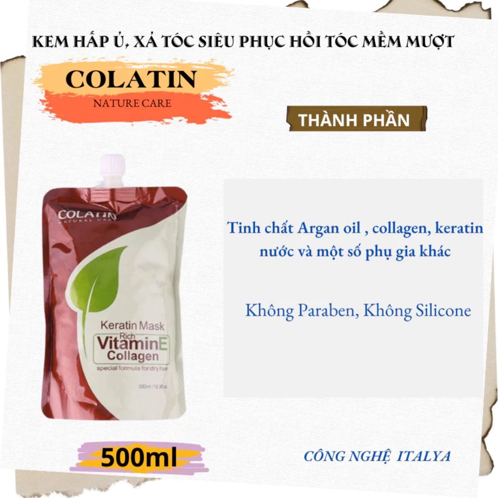 Kem Ủ Tóc Colatin Keratin Mask Vitamin E 500ml | Dưỡng Tóc Mềm Mượt, Hỗ Trợ Phục Hồi Tóc Khô Xơ.