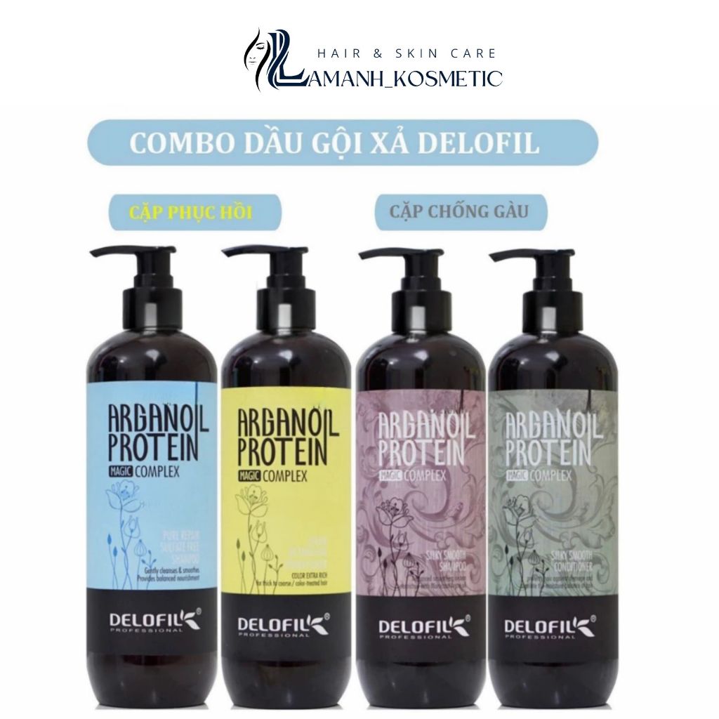 Cặp Dầu Gội Dầu Xả Delofil Arganoil Protein 500ml - 800ml Hỗ trợ giúp sạch gàu, giúp tóc mềm mượt