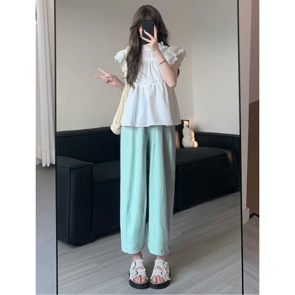 Quần Ống Rộng Nữ Kiểu Dáng Lửng Ly Gấu Phong Cách Nhật Bản Vải Gió Nhăn Mát Mẻ Mặc Xinh Tôn Dáng