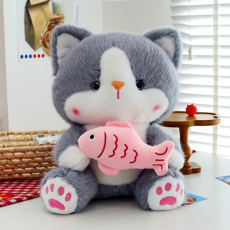 Gấu Bông Mèo Ngồi Ôm Cá Dễ Thương, Thú Nhồi Bông Mèo Lông Kim Cao Cấp Quà Tặng Sinh Nhật Cho Bé,Bạn Gái