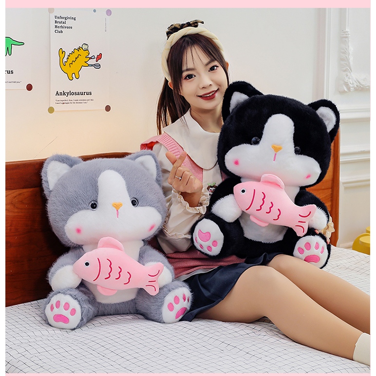 Gấu Bông Mèo Ngồi Ôm Cá Dễ Thương, Thú Nhồi Bông Mèo Lông Kim Cao Cấp Quà Tặng Sinh Nhật Cho Bé,Bạn Gái