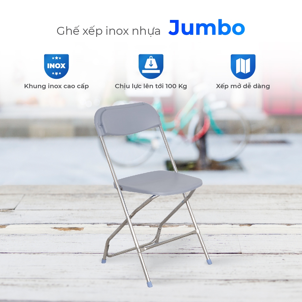 Ghế lưng tựa gấp gọn Jumbo QUI PHÚC, khung inox sáng bóng, chắc chắn, lưng nhựa cao cấp, bền màu, thoải mái