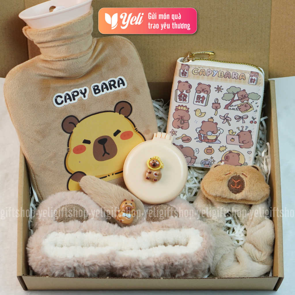 Hộp quà Túi Chườm Capybara tặng sinh nhật người yêu, bạn gái, Set quà túi chườm Capybara nhiều phụ kiện