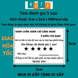Sét 100 Tem đánh giá 5 sao , nhãn dán có sẵn keo kích thước 7x5cm