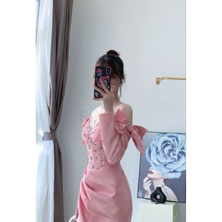 Đầm dạ hội bẹt/trễ vai tay dài nơ cao cấp