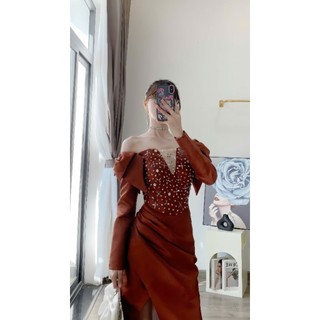 Đầm dạ hội bẹt/trễ vai tay dài nơ cao cấp