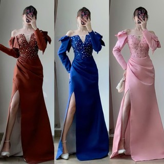 Đầm dạ hội bẹt/trễ vai tay dài nơ cao cấp