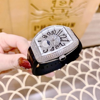 Đồng Hồ Nữ Franck Muller V32 đen trăng sao. máy quazt japan, dây silicon bọc da