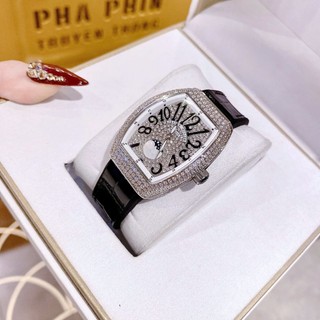 Đồng Hồ Nữ Franck Muller V32 đen trăng sao. máy quazt japan, dây silicon bọc da
