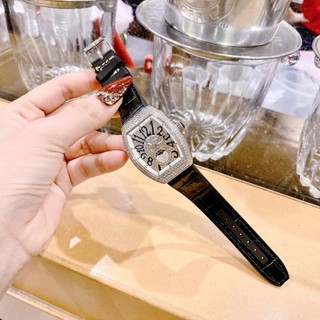 Đồng Hồ Nữ Franck Muller V32 đen trăng sao. máy quazt japan, dây silicon bọc da