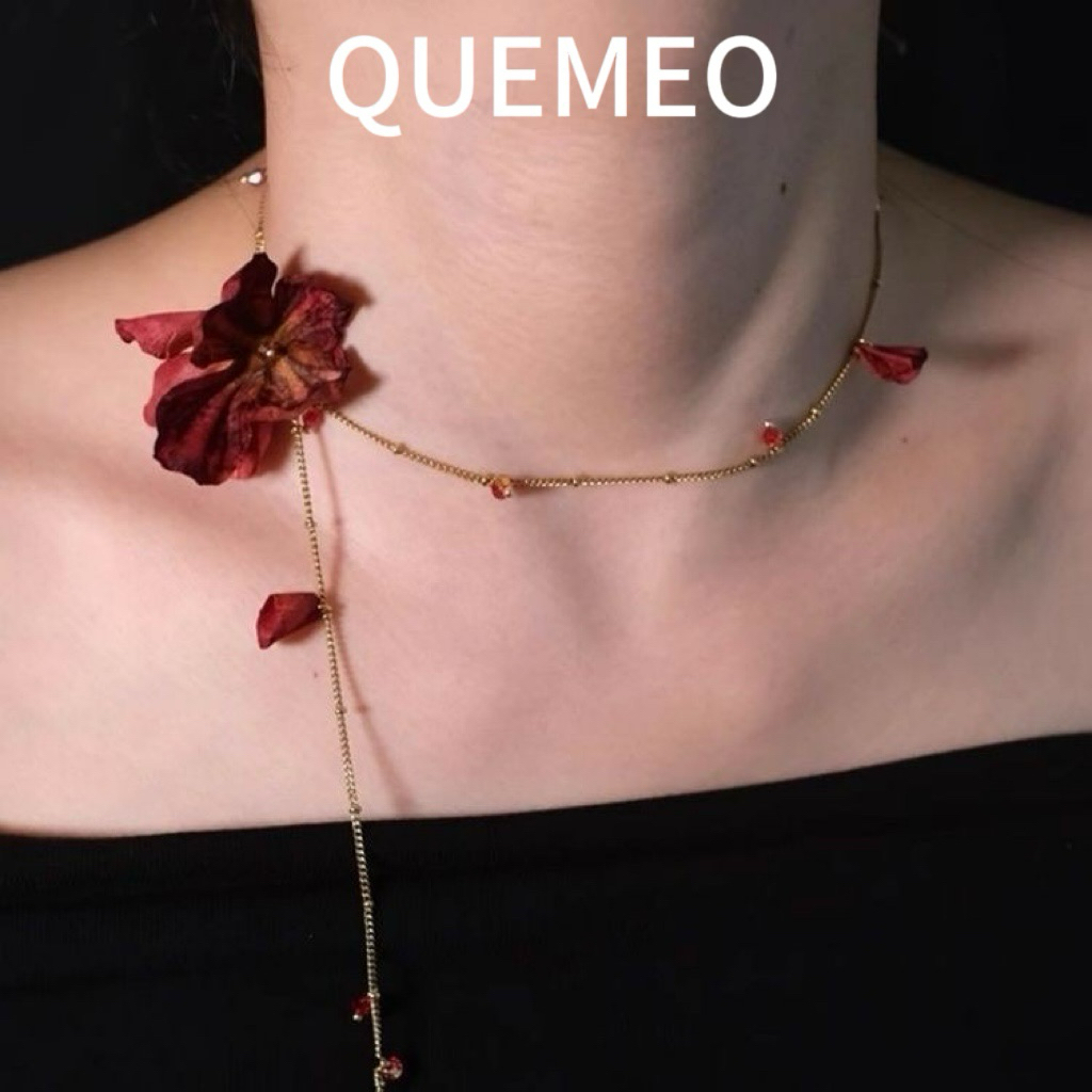 Vòng Cổ Chocker Hoa Rya Boho Chic QUEMEO Dây chuyền Hoa Đá Đỏ Thời Trang Thanh Lịch