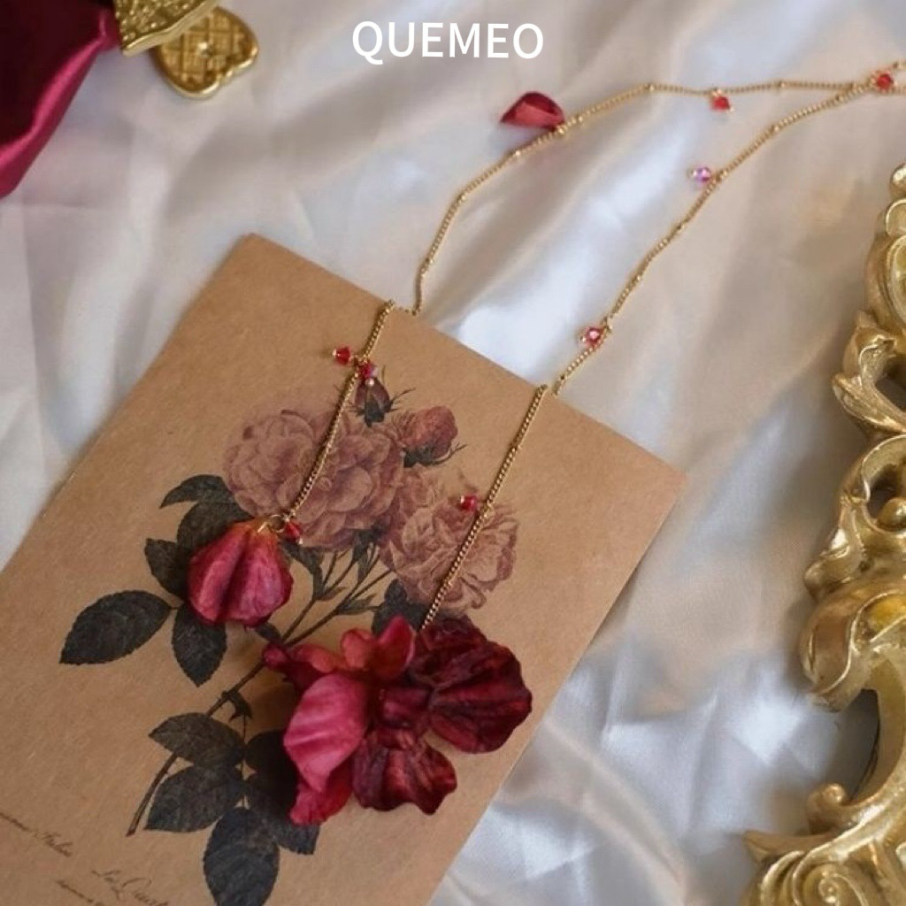 Vòng Cổ Chocker Hoa Rya Boho Chic QUEMEO Dây chuyền Hoa Đá Đỏ Thời Trang Thanh Lịch