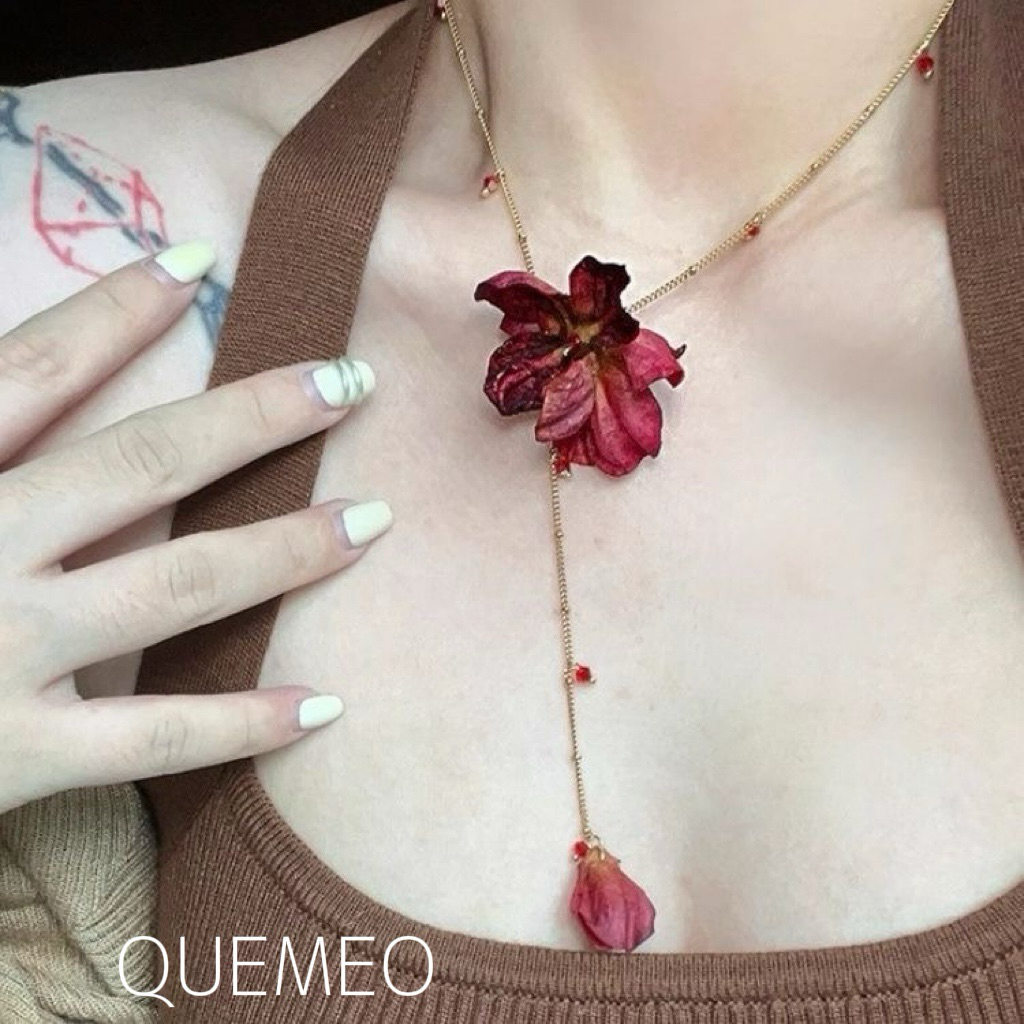 Vòng Cổ Chocker Hoa Rya Boho Chic QUEMEO Dây chuyền Hoa Đá Đỏ Thời Trang Thanh Lịch