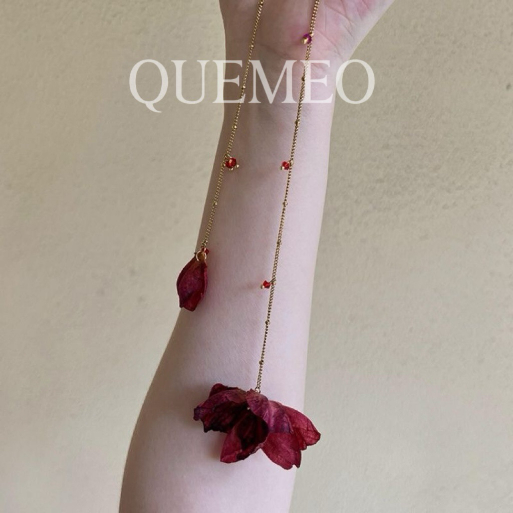 Vòng Cổ Chocker Hoa Rya Boho Chic QUEMEO Dây chuyền Hoa Đá Đỏ Thời Trang Thanh Lịch
