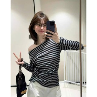 Áo Dài Tay Nữ Lệch Vai Thun Gân Kẻ Sọc Chất Vải Len WDT003