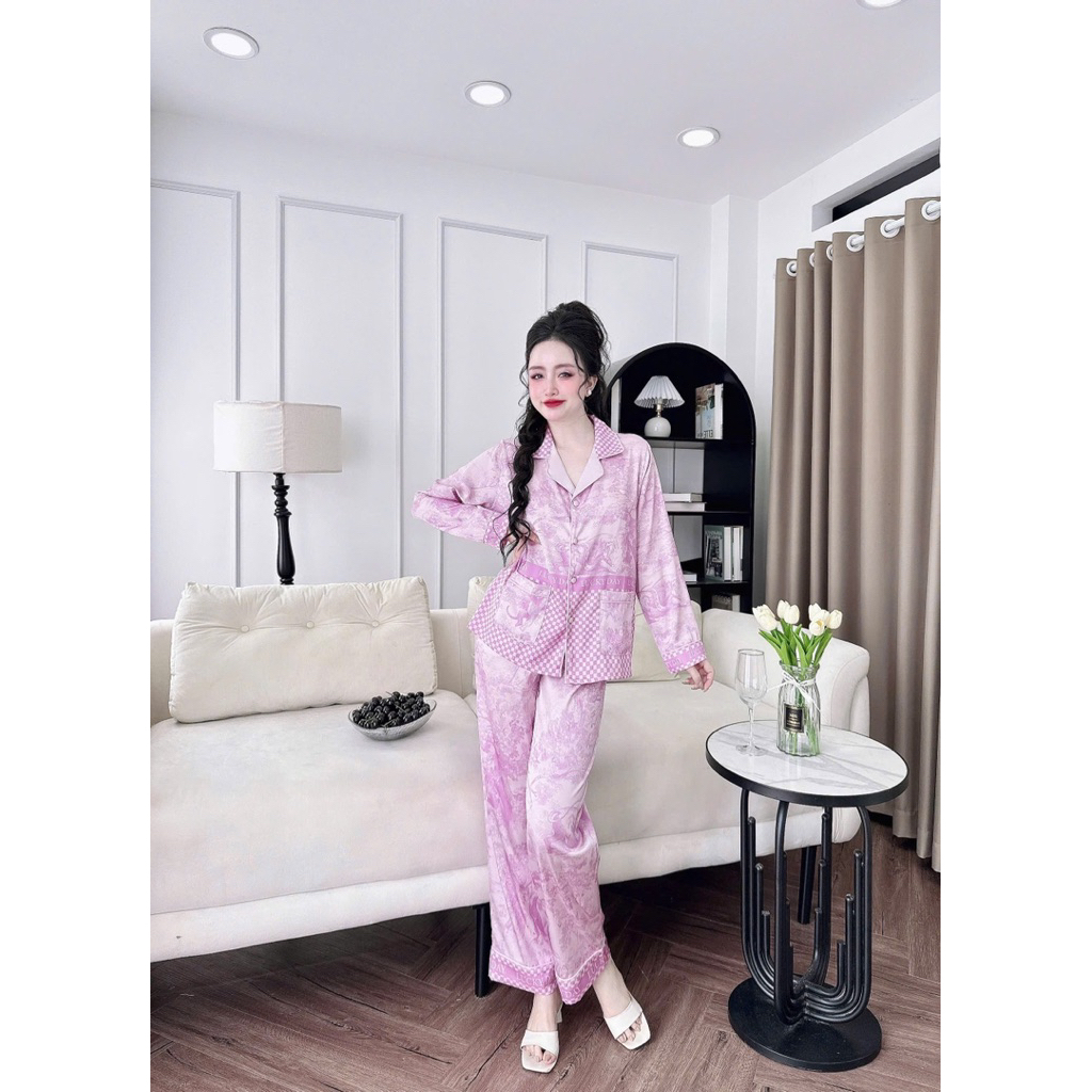 (45-62kg) Bộ ngủ pijama hoạ tiết rừng tay dài nút bọc lụa latin mềm mát