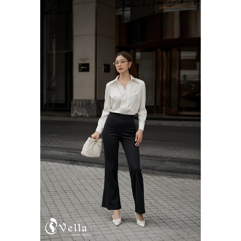 Vella Fashion Quần culottes đen công sở nữ ống suông loe, áo sơ mi lụa trắng VQ23089 VA24061