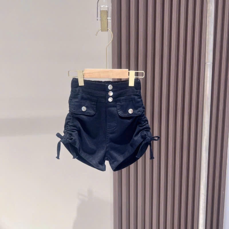 Sét quần sọt dây rút bé gái áo bèo tầng phong cách Hàn Quốc mùa hè, bộ quần đùi kaki short áo tầng mùa hè bé gái