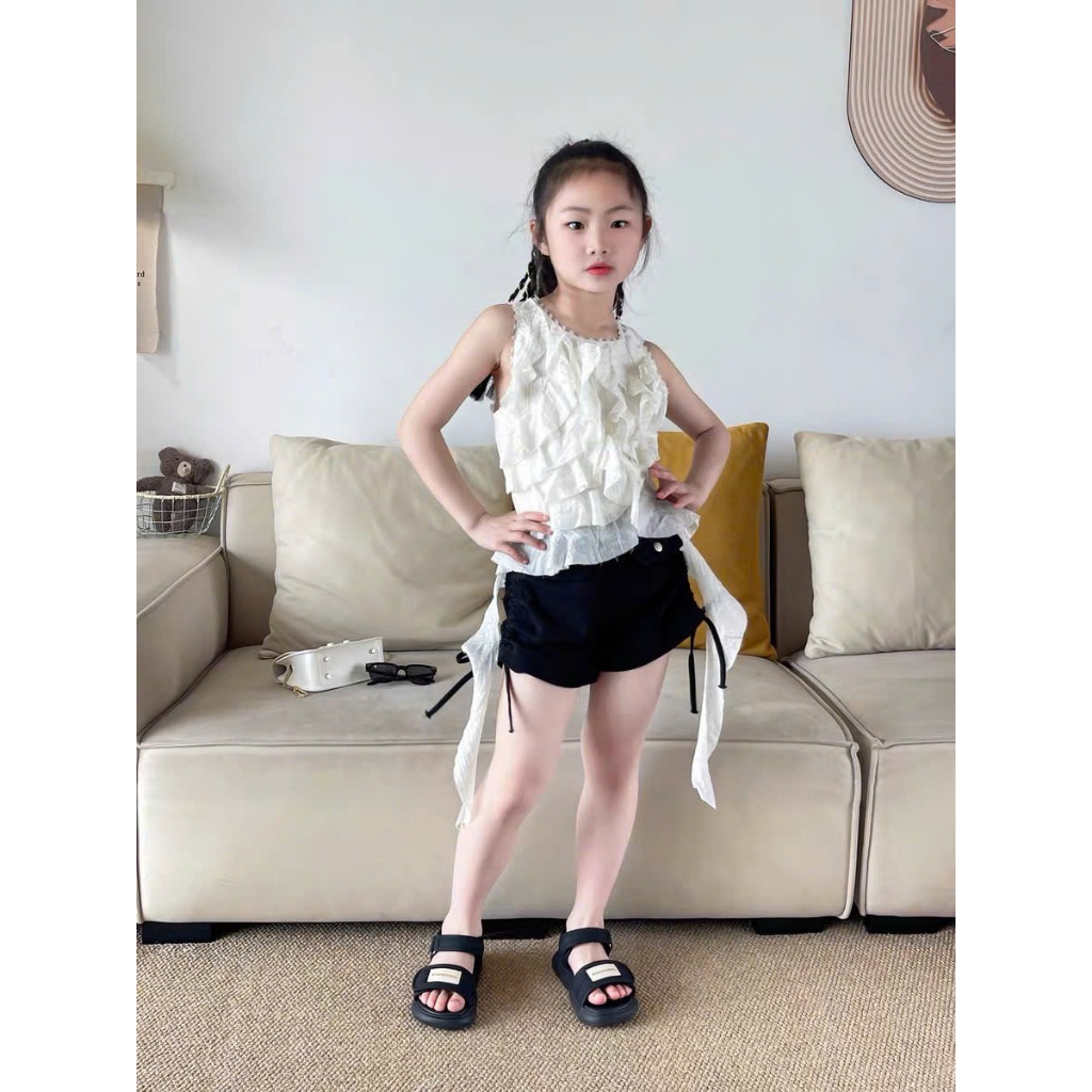 Sét quần sọt dây rút bé gái áo bèo tầng phong cách Hàn Quốc mùa hè, bộ quần đùi kaki short áo tầng mùa hè bé gái