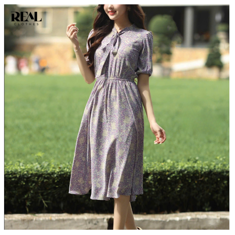 Đầm voan tay lửng Emily hoa tím REAL CLOTHES, mềm mát, CÓ TÚI, có lót, ít nhăn